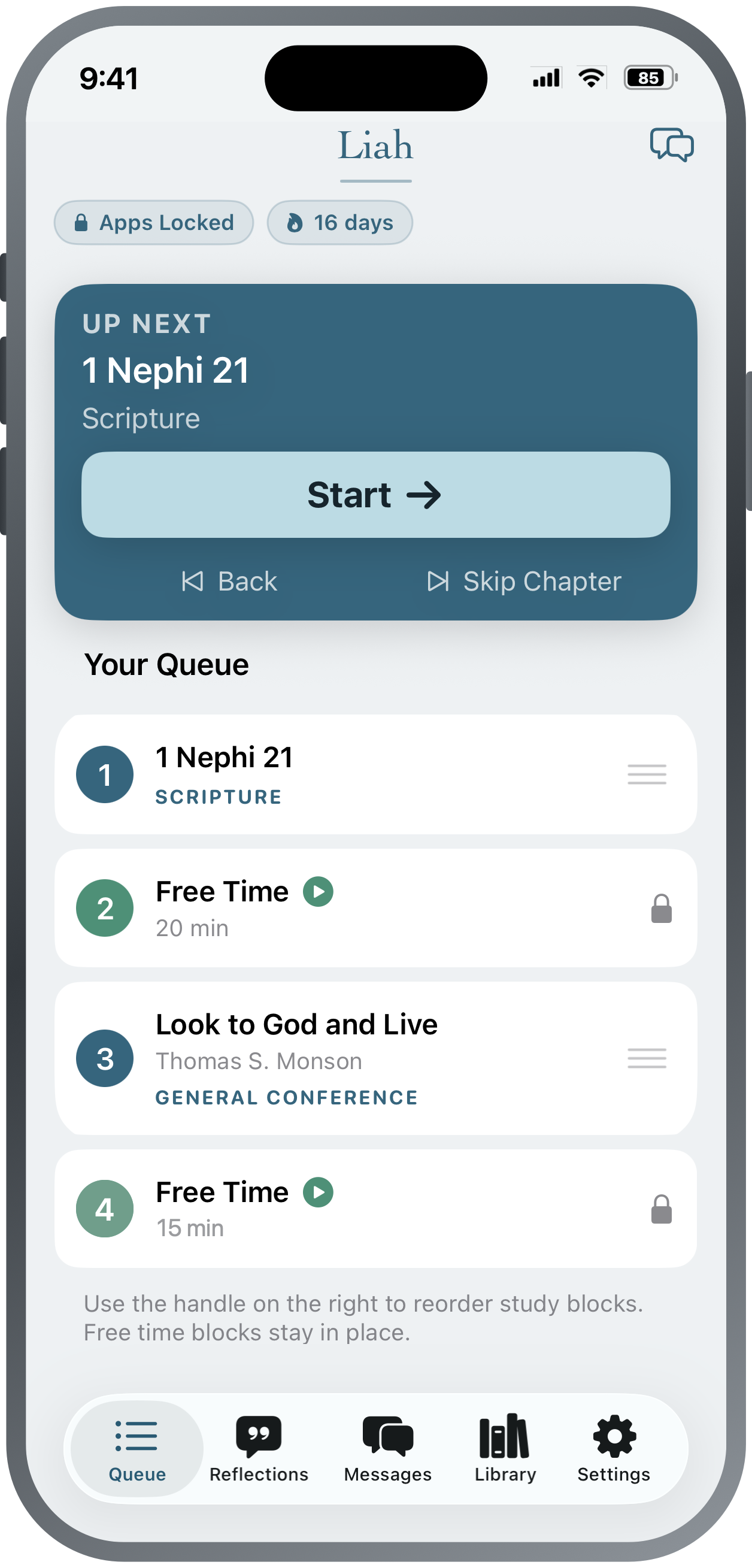 Liah on an iPhone, showing a day's queue of study blocks and free time
